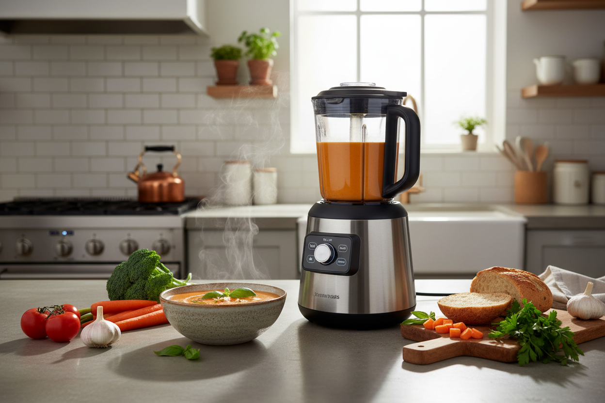 Blender in kitchen with fresh soup
