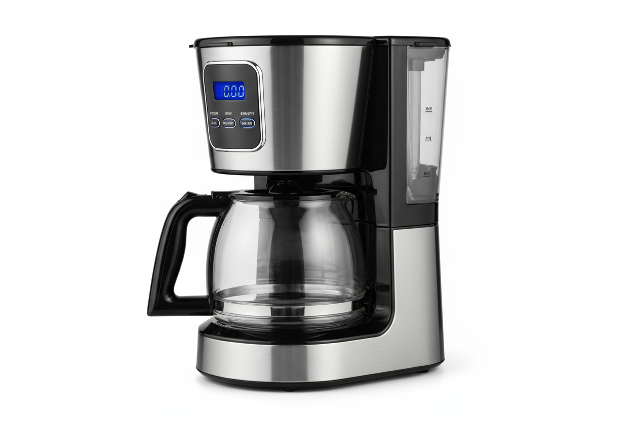 Stainless steel coffee maker side view